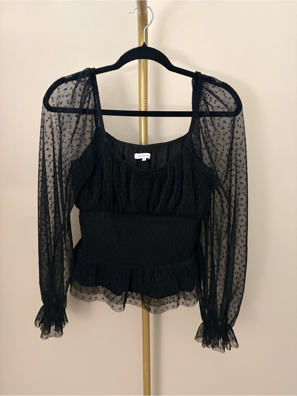 Crescent Black Sheer Swiss Dot Long-Sleeve Peplum Top